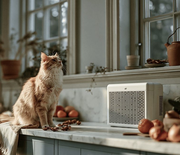 Cat sitting on a bright kitchen counter