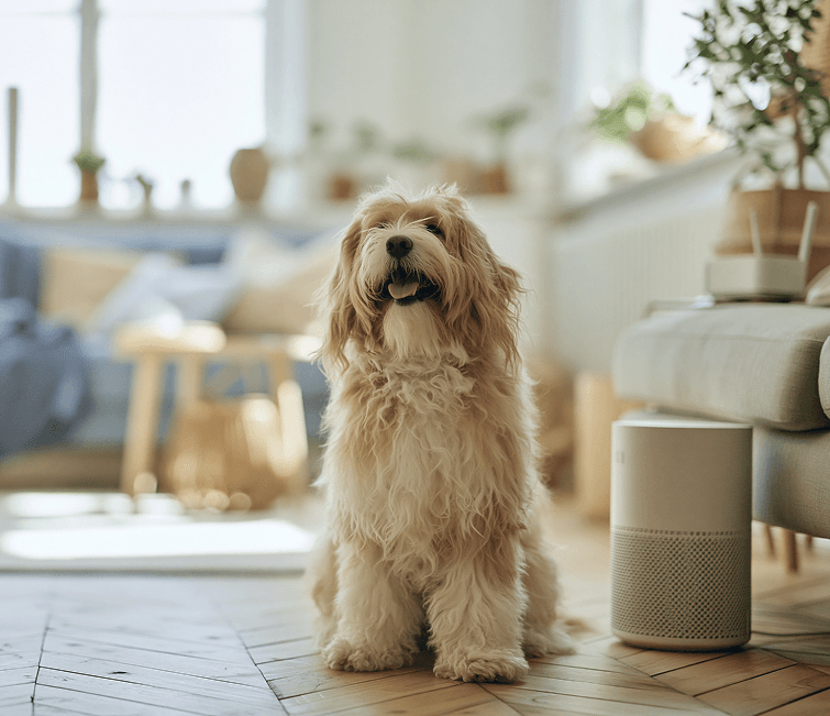 Dog sitting on the floor of a bright living room