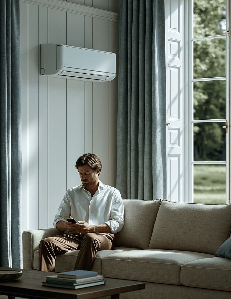 Man relaxing on a sofa in a living room with a wall-mounted air-conditioning unit