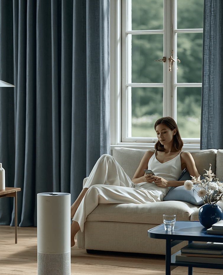 Woman relaxing on a sofa in a cool, bright living room